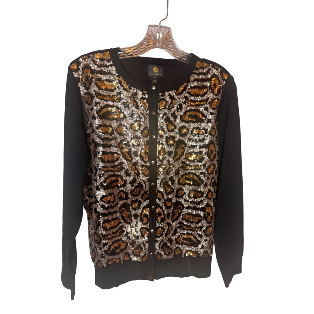 JM Collection Cardigan Women PL Black Gold Sequin Leopard Print Rayon Blend Glam
